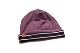 Reversible Black + White Stripe and Plum Beanie with Brown Pom Attachment