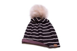 Reversible Black + White Stripe and Plum Beanie with White Pom Attachment