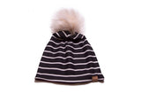 Reversible Black + White Stripe and Plum Beanie with White Pom Attachment