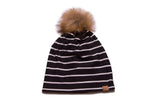 Reversible Black + White Stripe and Plum Beanie with Brown Pom Attachment